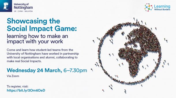 A poster for the "The social impact game" event, featuring an image of the globe