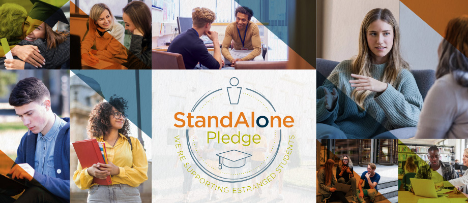 A collage of students on campus featuring text overlay 'Stand Alone Pledge - We're supporting estranged students'